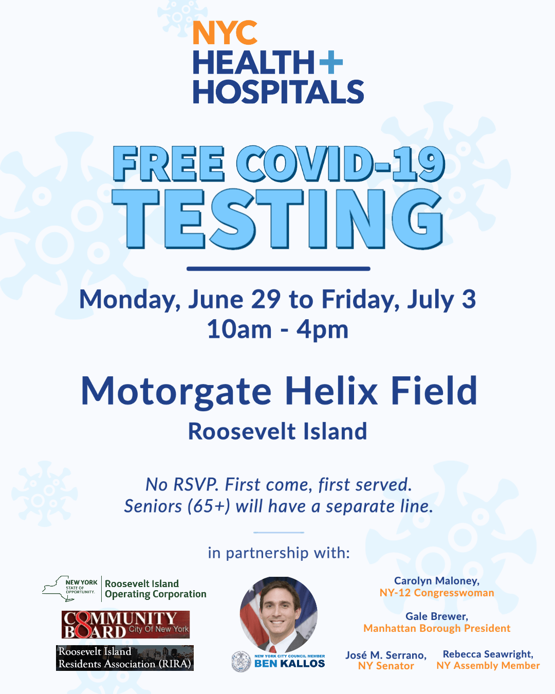 Free Covid19 Testing on Roosevelt Island Ben Kallos, New York City